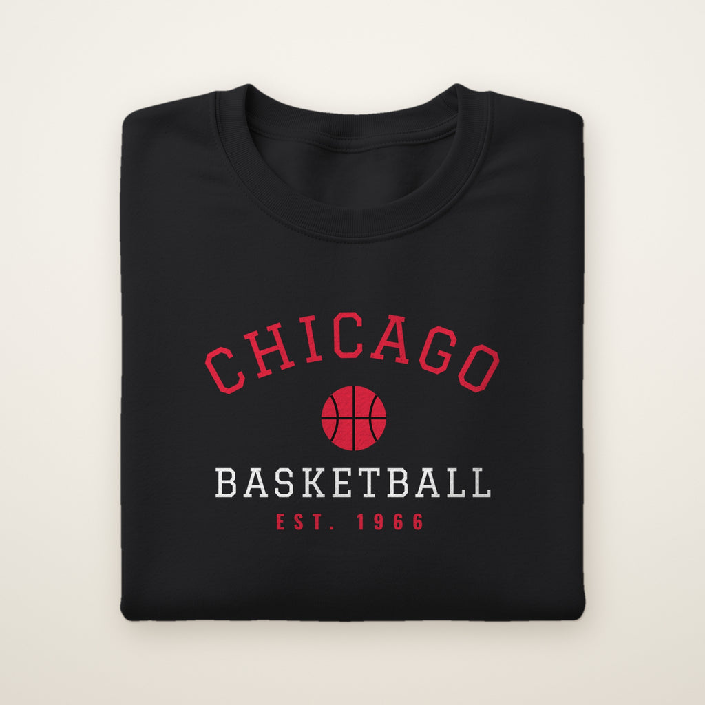 Chicago Basketball crewneck, Est. 1966, Black, folded on ivory