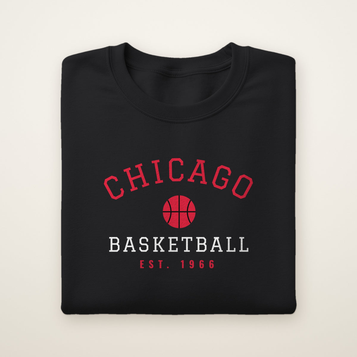 Chicago Basketball crewneck, Est. 1966, Black, folded on ivory