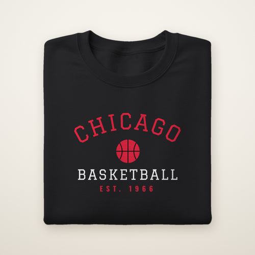 Chicago Basketball crewneck, Est. 1966, Black, folded on ivory