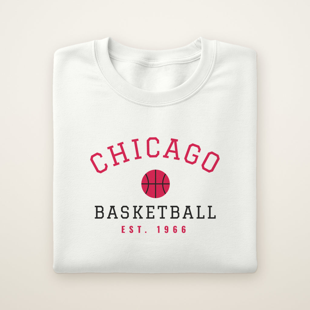 Chicago Basketball crewneck, Est. 1966, White, folded on ivory
