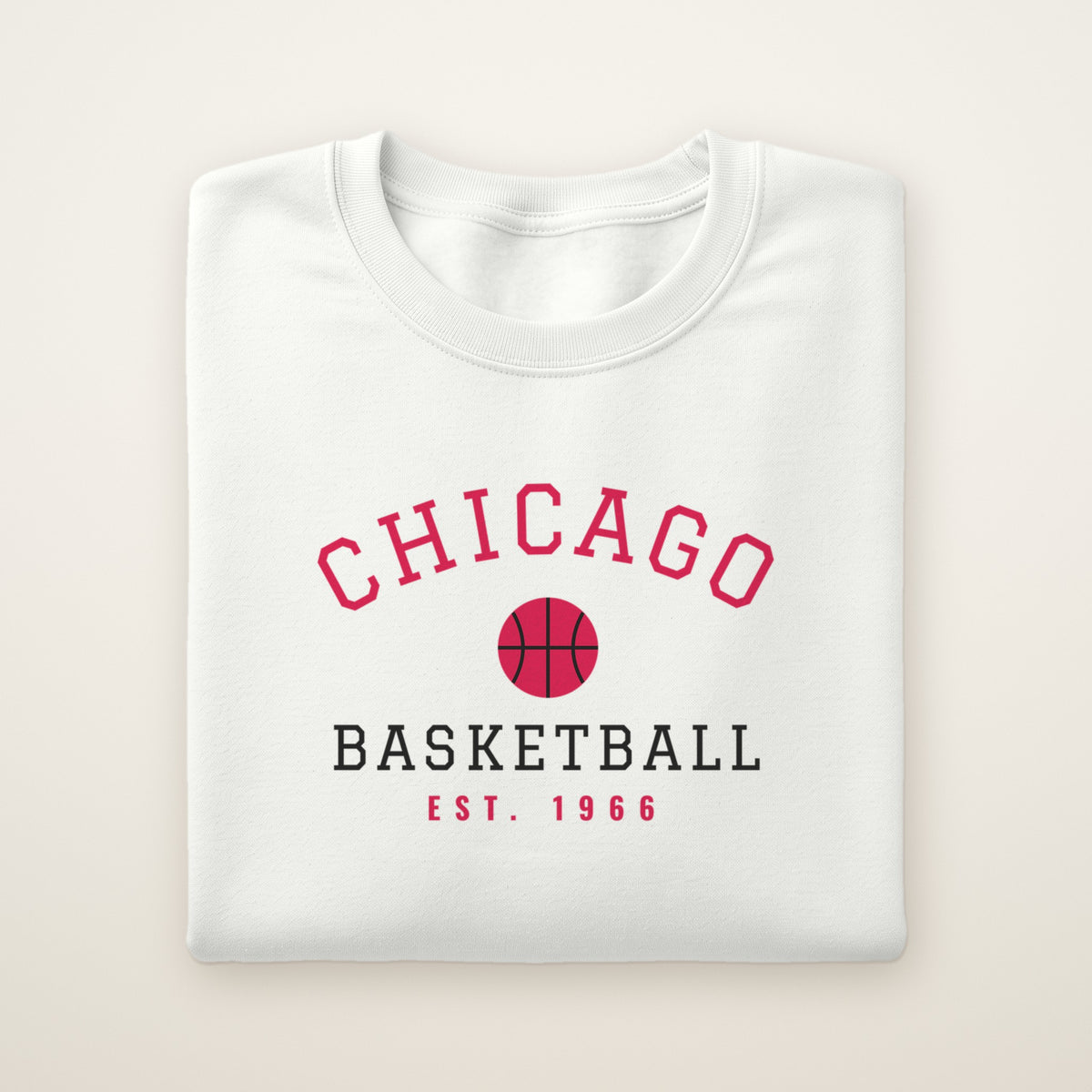 Chicago Basketball crewneck, Est. 1966, White, folded on ivory