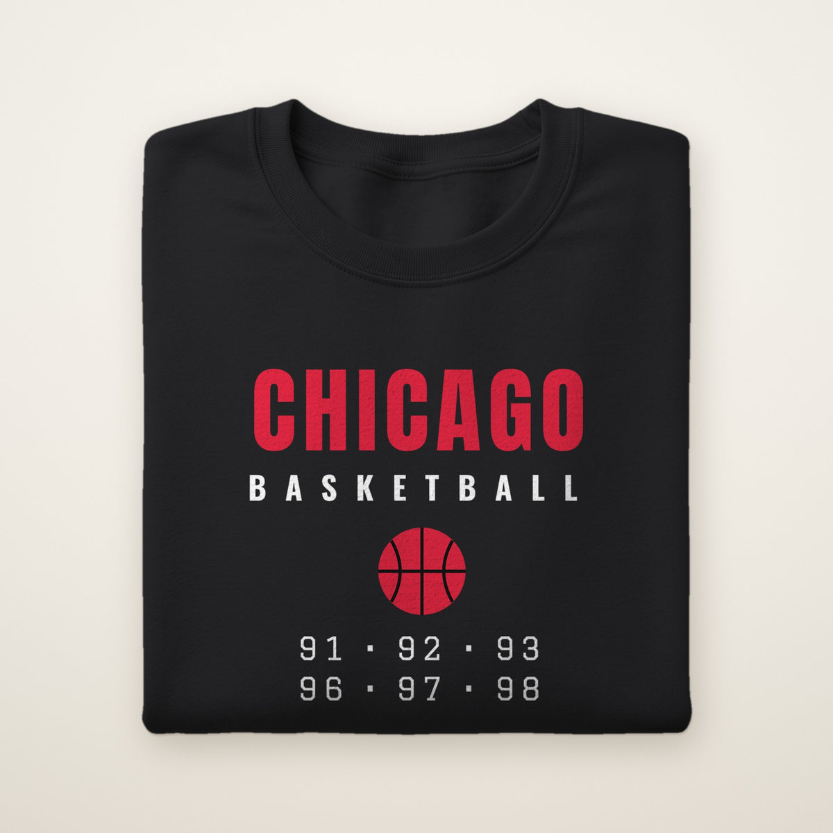 Chicago Basketball 91-98 crewneck, Black, folded on ivory