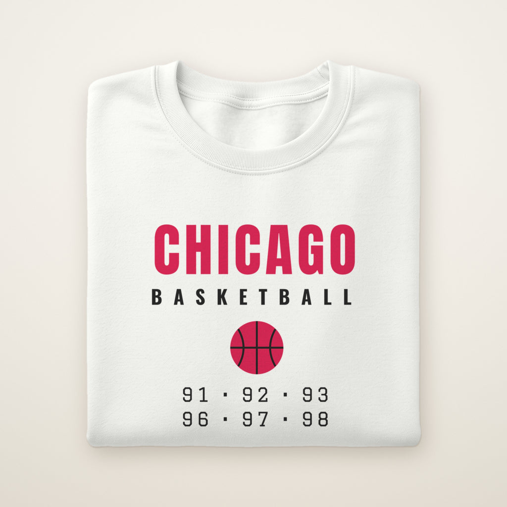Chicago Basketball 91-98 crewneck, White, folded on ivory