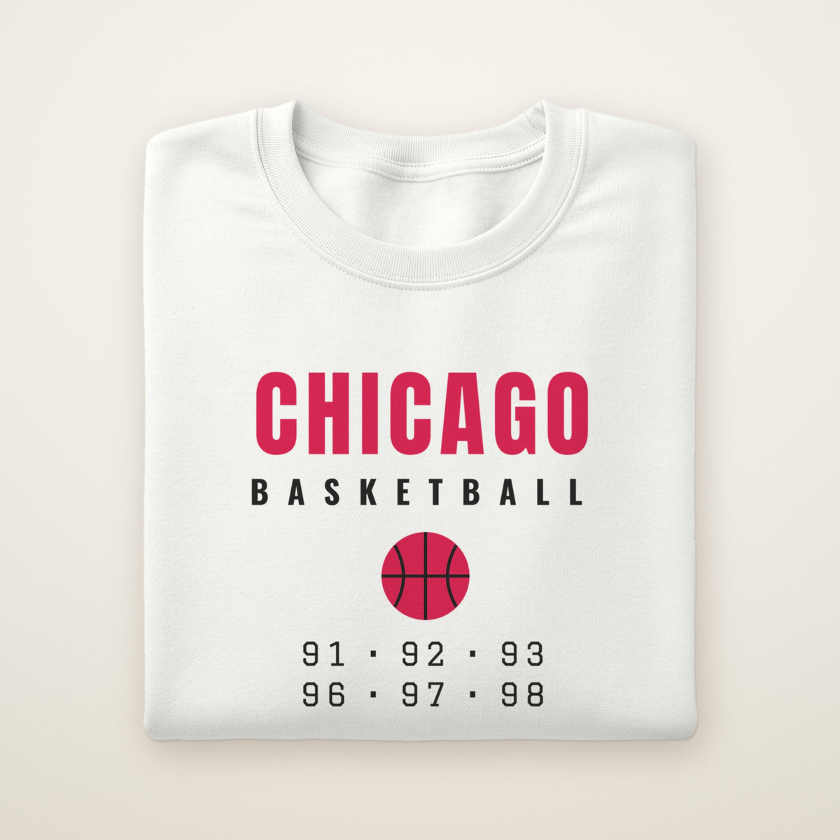 Chicago Basketball 91-98 crewneck, White, folded on ivory