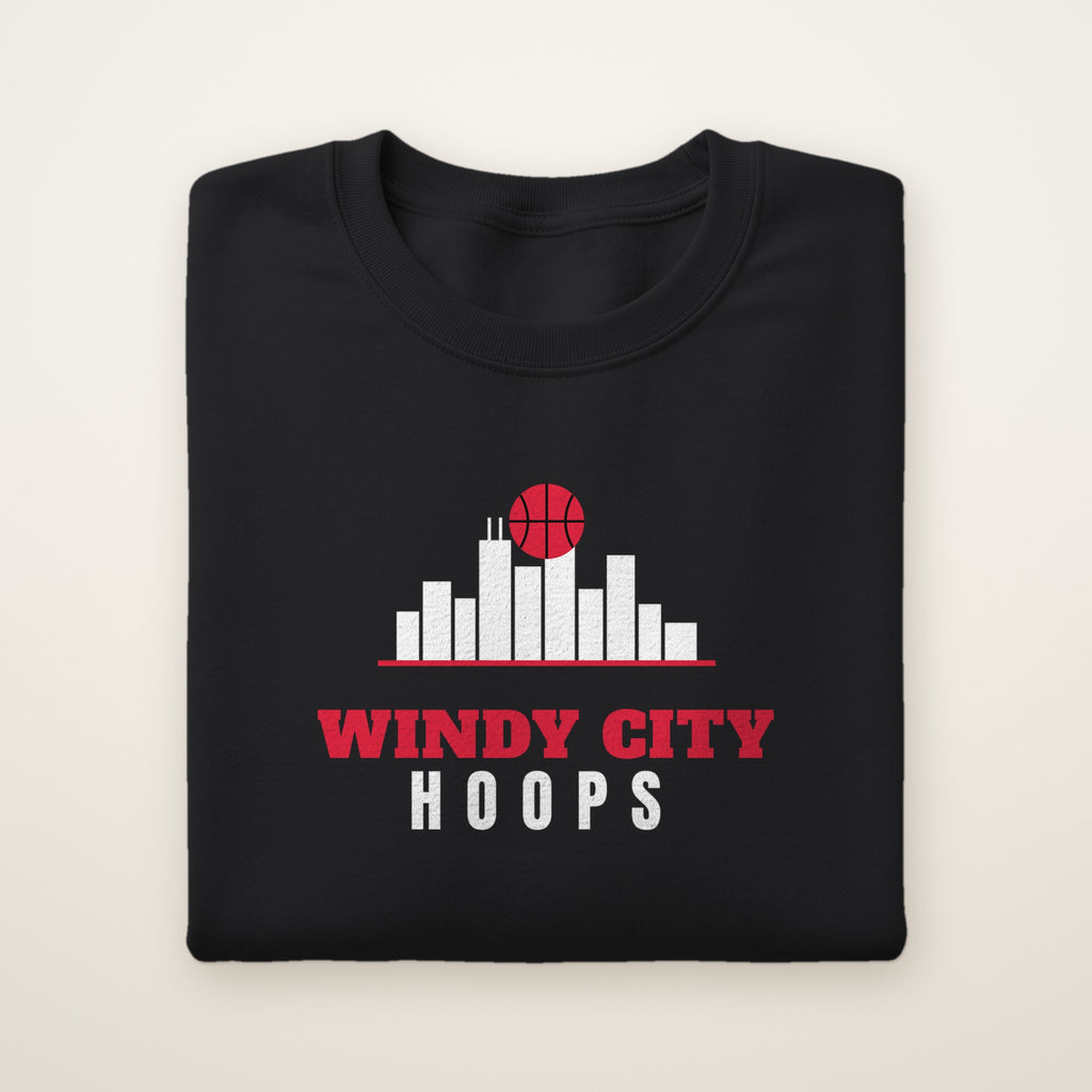 Windy City Hoops crewneck, Black, folded on ivory