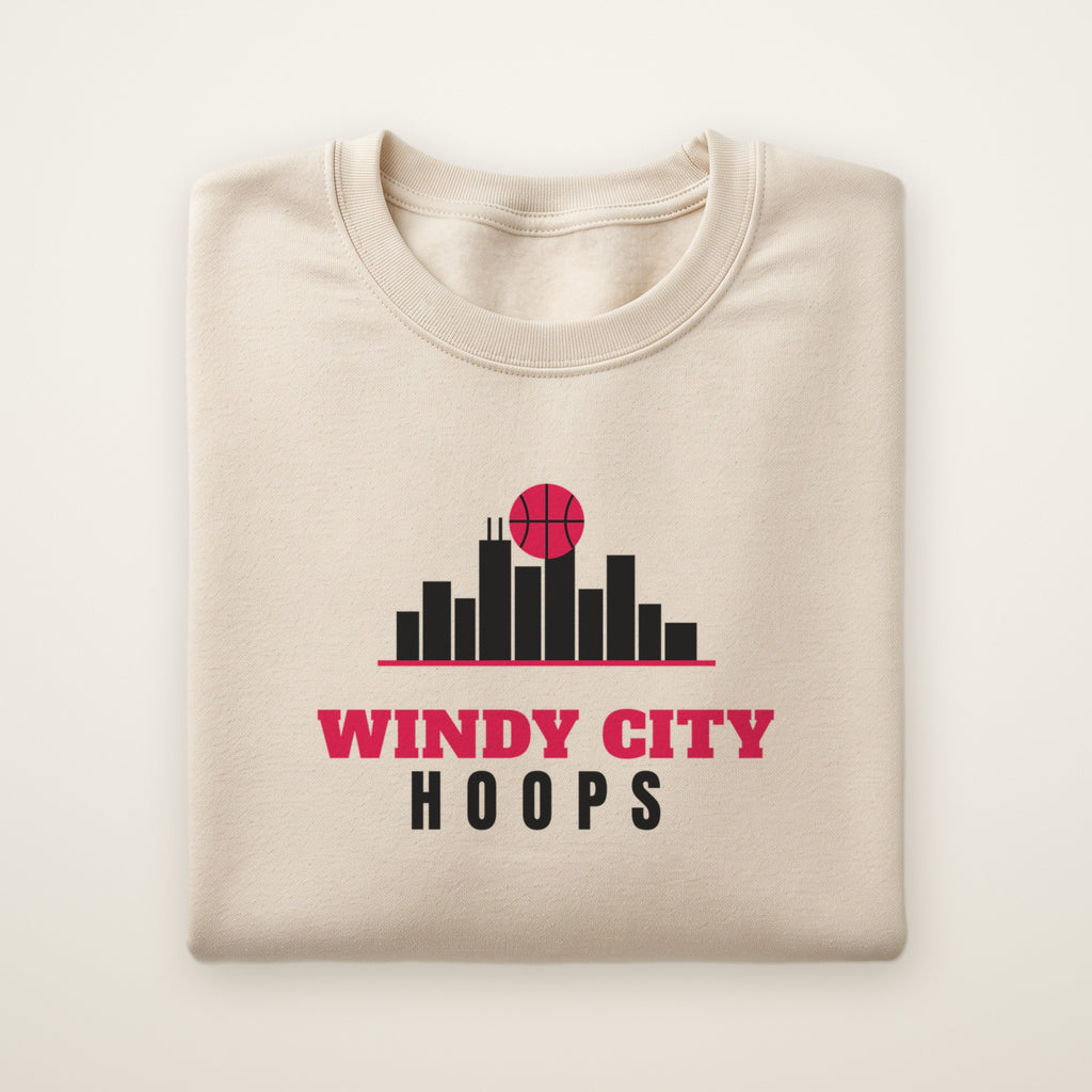 Windy City Hoops crewneck, Sand, folded on ivory