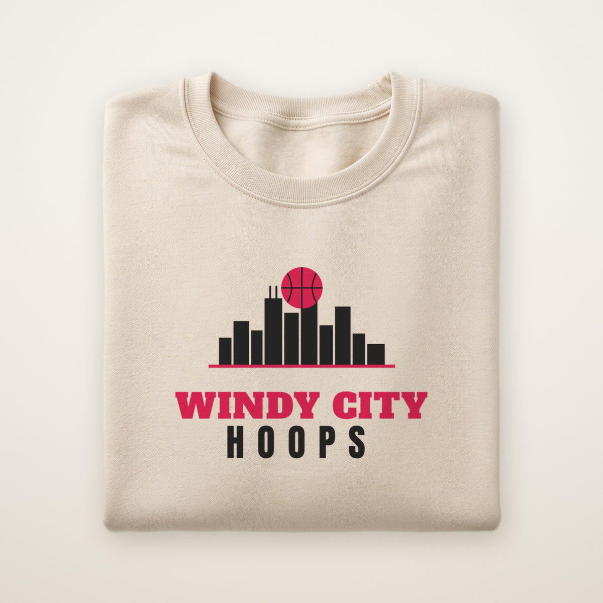 Windy City Hoops crewneck, Sand, folded on ivory