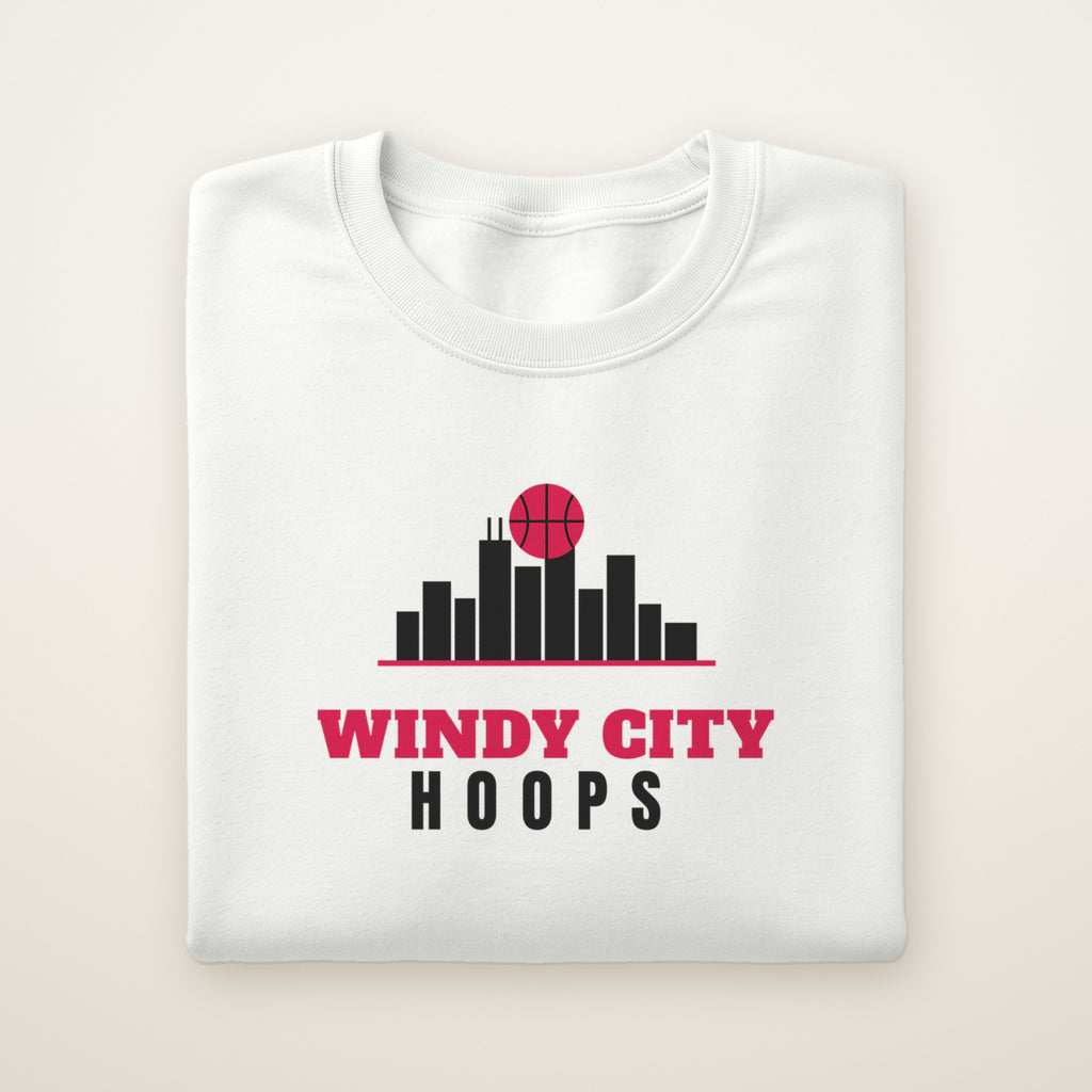 Windy City Hoops crewneck, White, folded on ivory