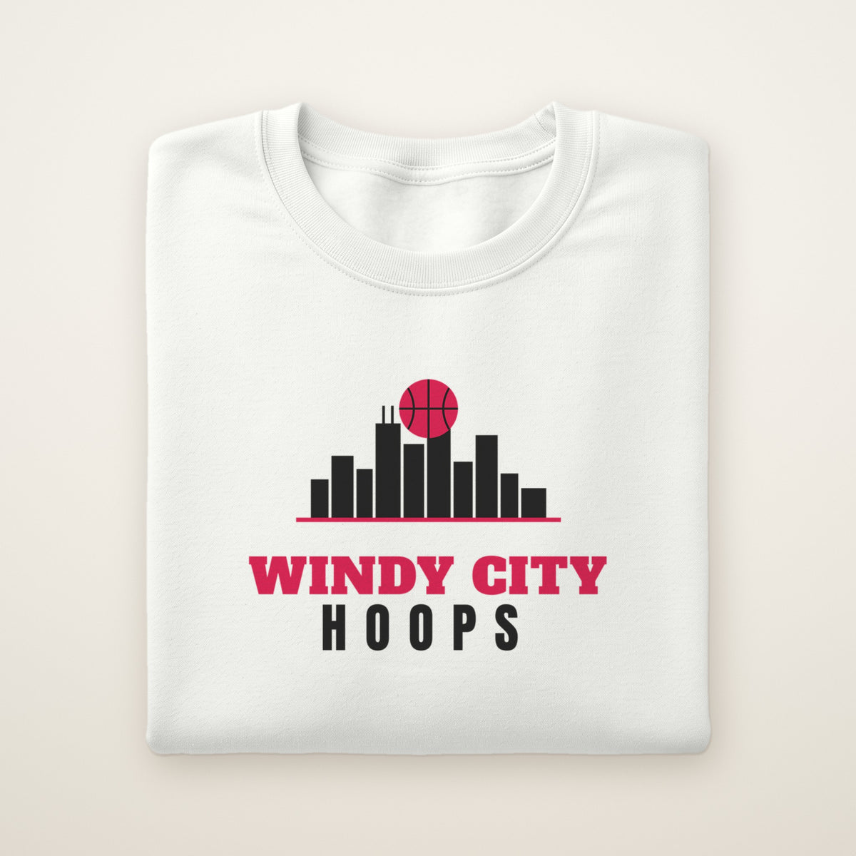 Windy City Hoops crewneck, White, folded on ivory