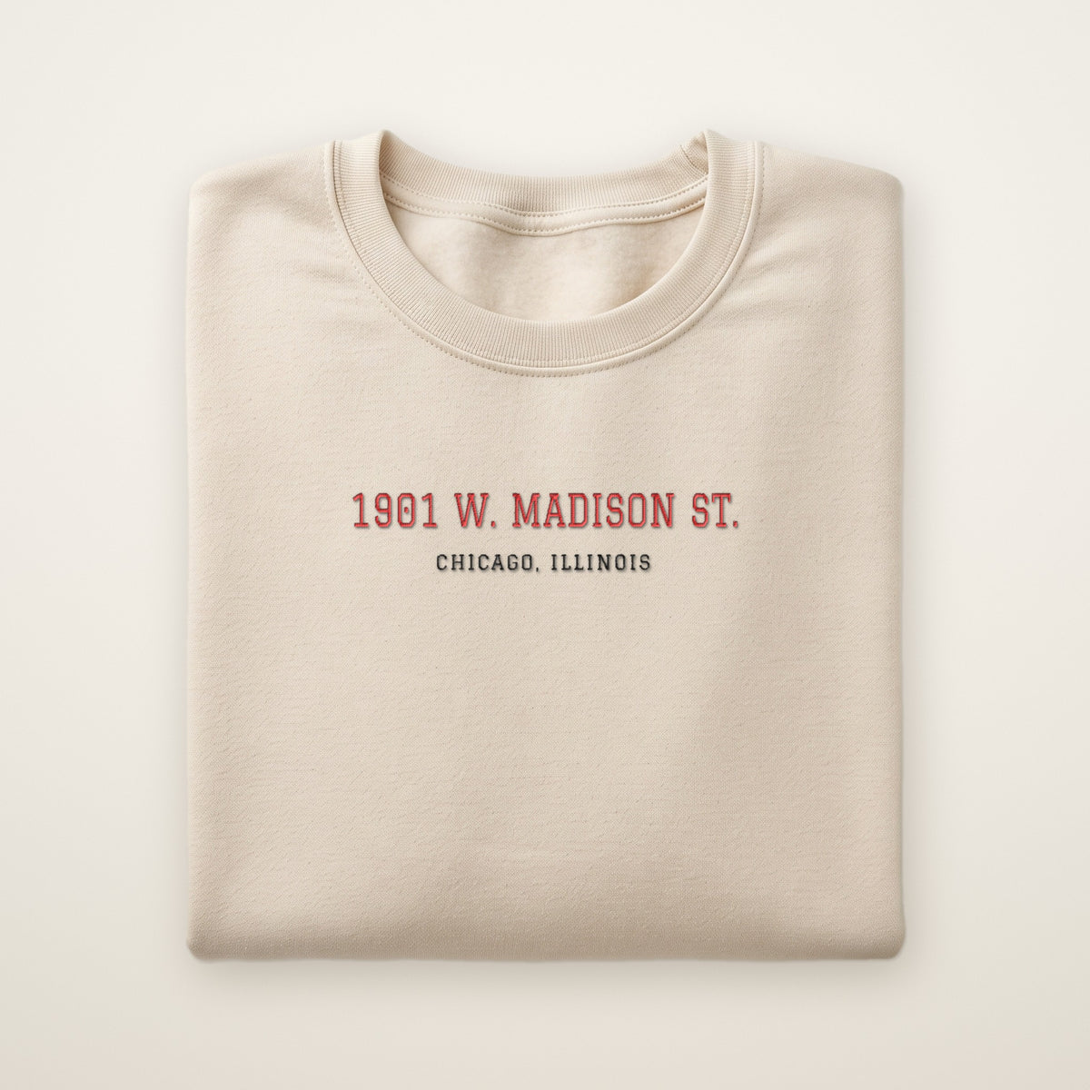 Chicago Basketball Embroidered Crewneck — 1901 W. Madison St. in Sand, flat lay