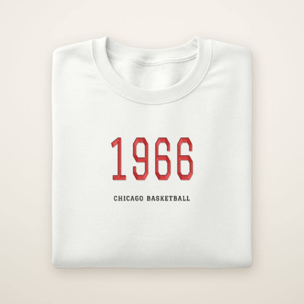 Chicago Basketball Embroidered Crewneck — 1966 in White, flat lay