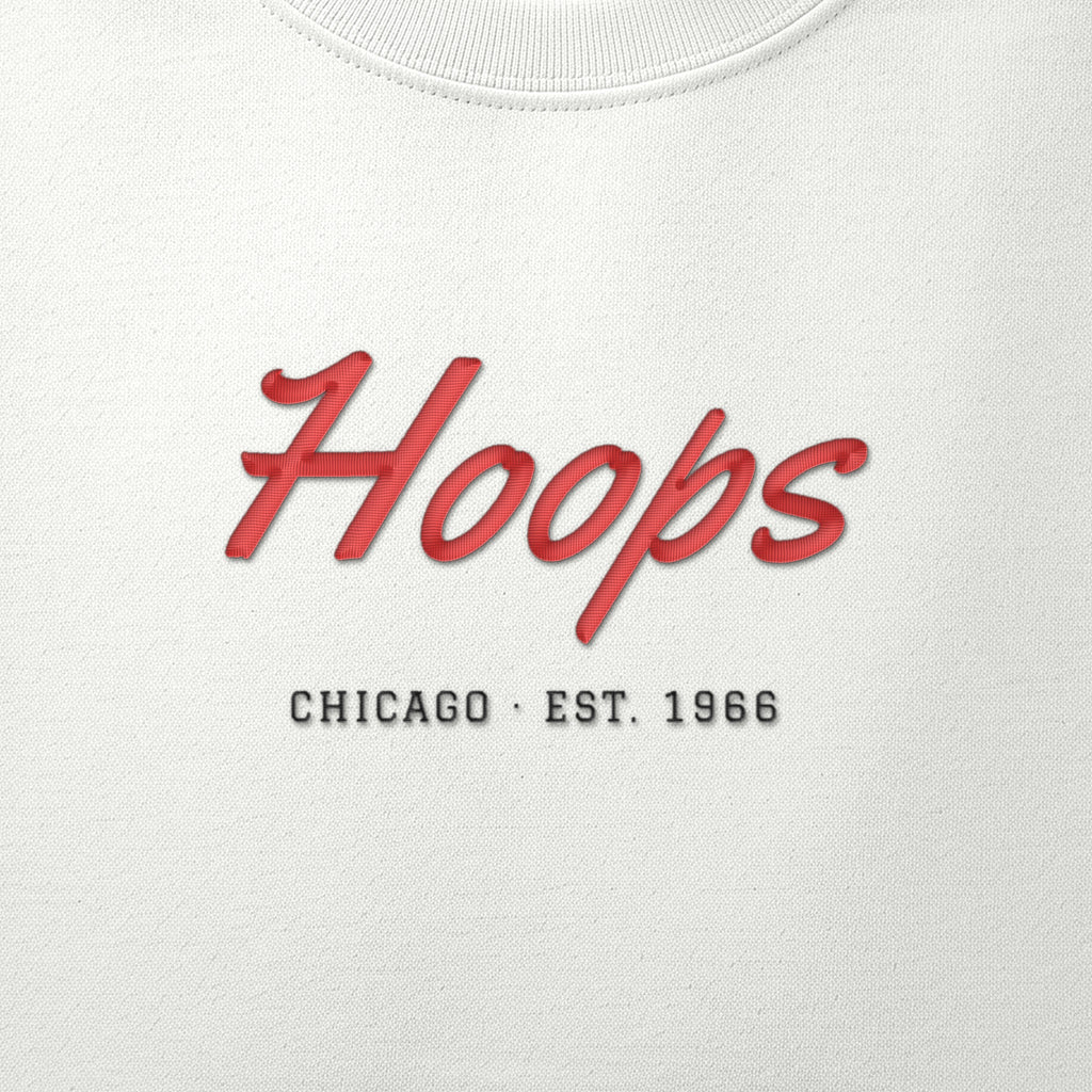 Close-up of the red & black satin-stitch Basketball Script embroidery