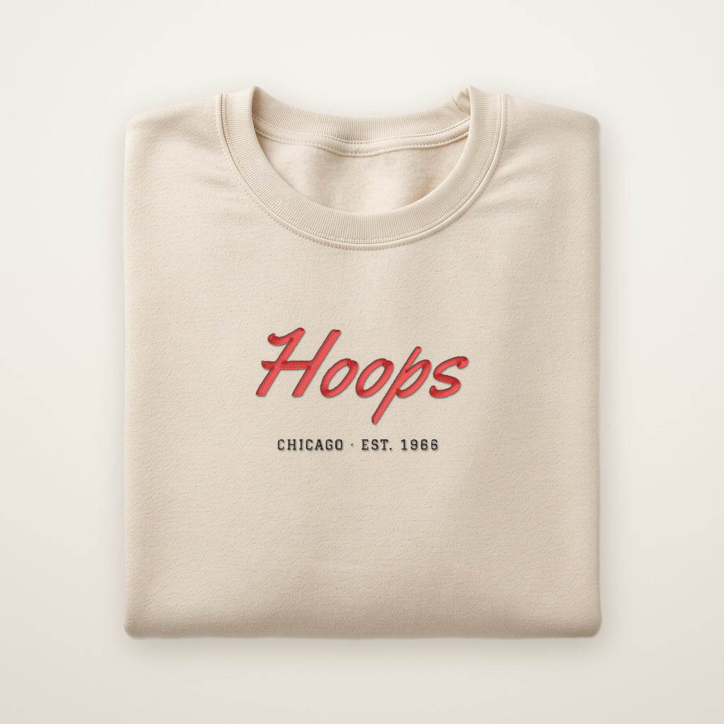 Chicago Basketball Embroidered Crewneck — Basketball Script in Sand, flat lay