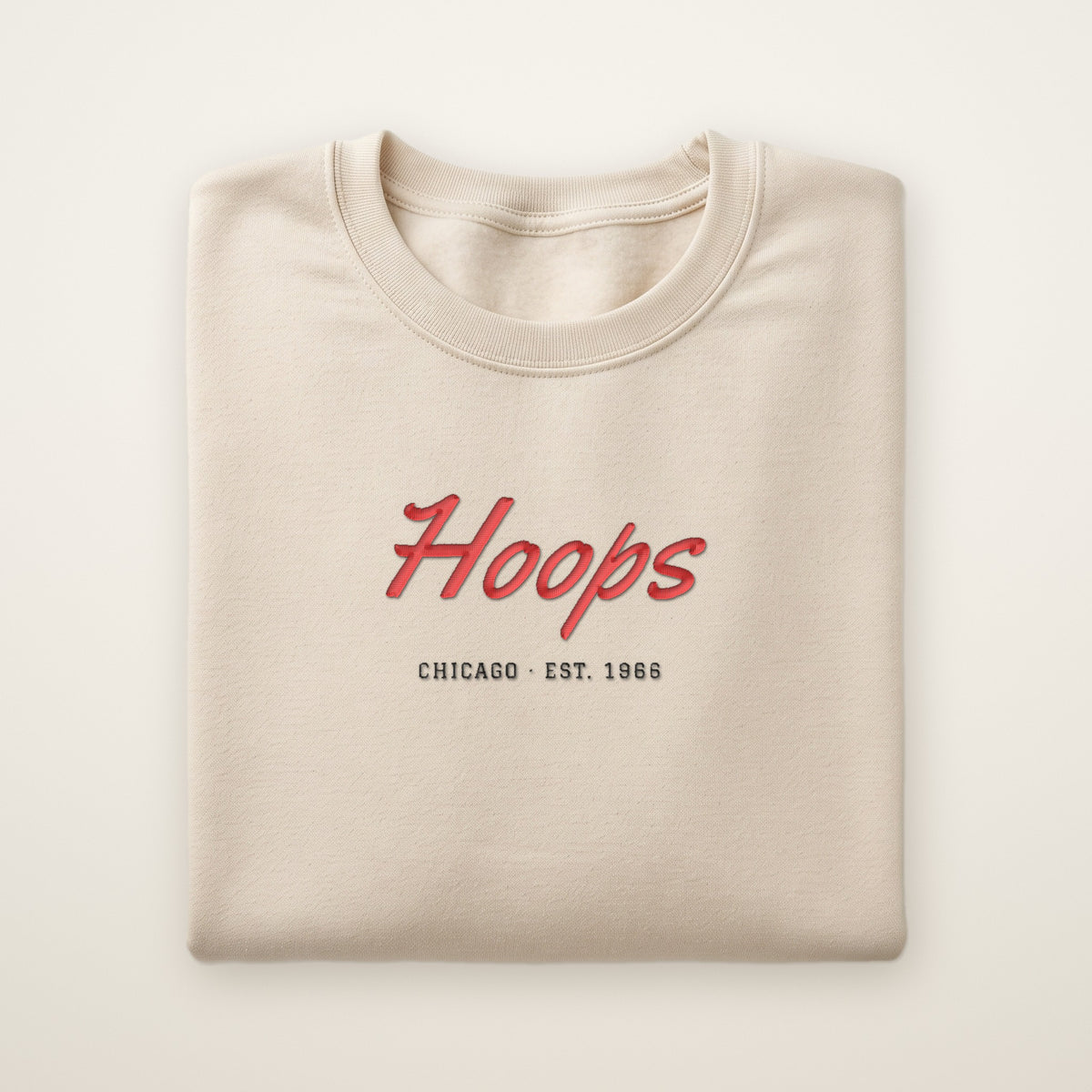 Chicago Basketball Embroidered Crewneck — Basketball Script in Sand, flat lay