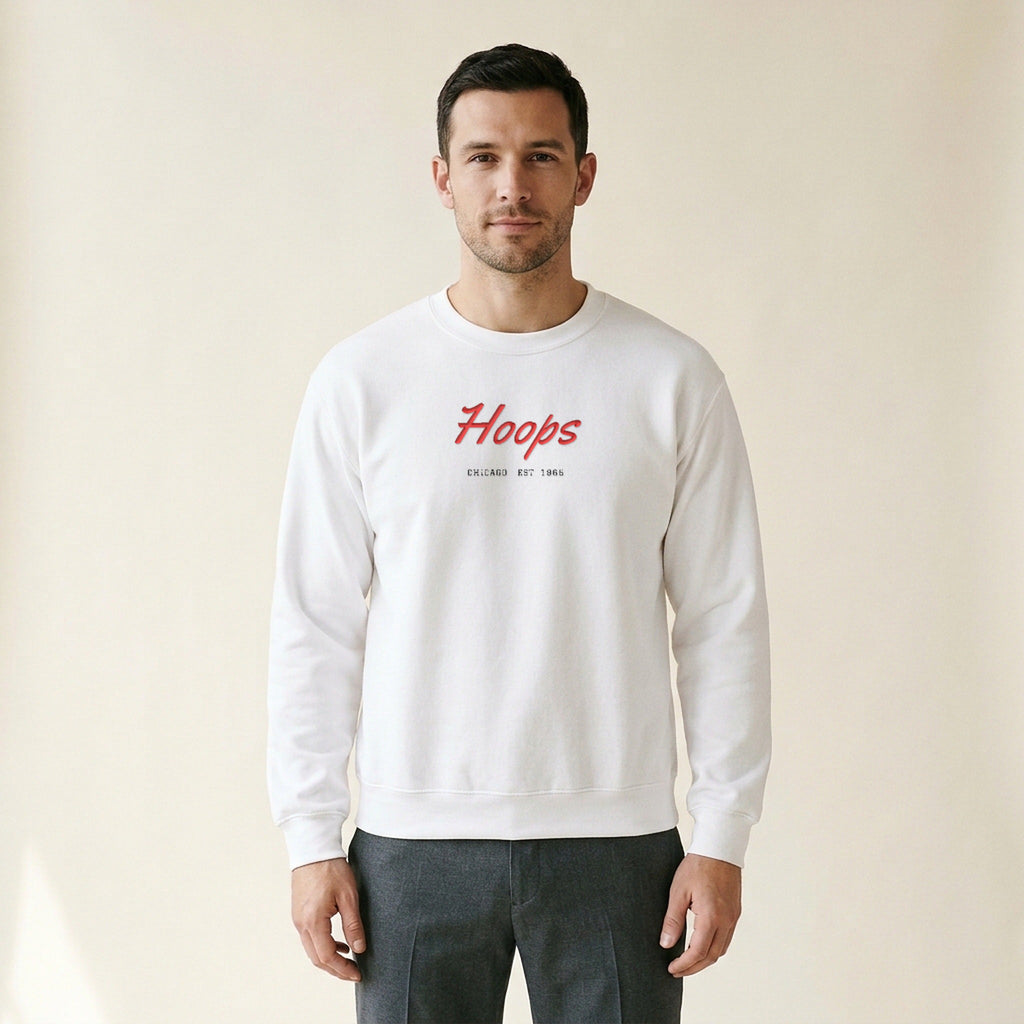 Model wearing the Chicago Basketball Basketball Script embroidered crewneck