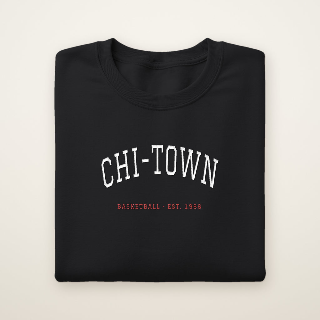 Chicago Basketball Embroidered Crewneck — Chi-Town in Black, flat lay