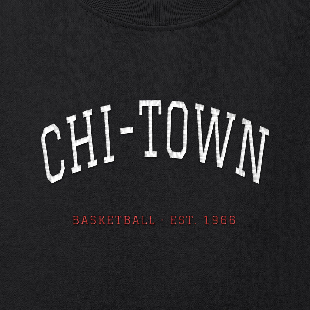 Close-up of the white & red satin-stitch Chi-Town embroidery