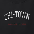 Close-up of the white & red satin-stitch Chi-Town embroidery