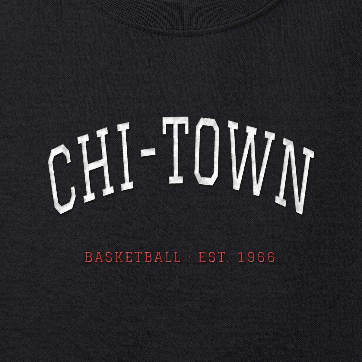 Close-up of the white & red satin-stitch Chi-Town embroidery