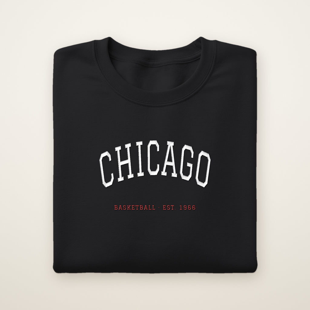 Chicago Basketball Embroidered Crewneck — Chicago Arch in Black, flat lay