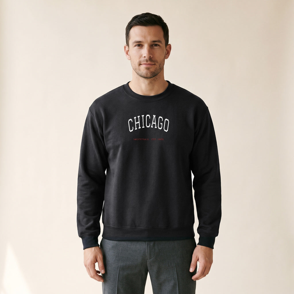 Model wearing the Chicago Basketball Chicago Arch embroidered crewneck