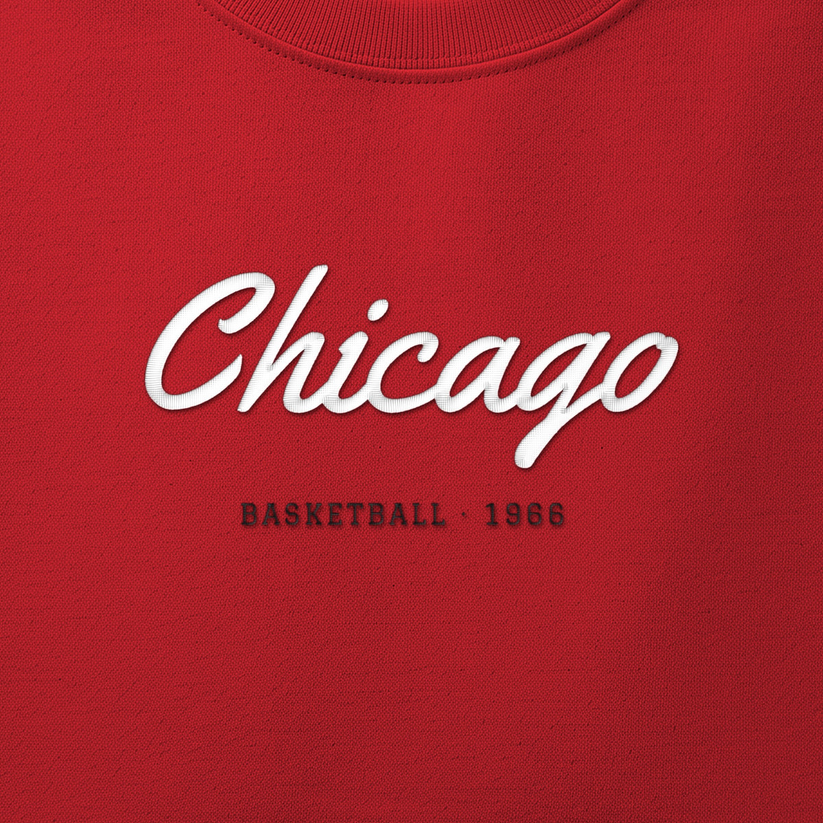 Close-up of the white & black satin-stitch Chicago Script embroidery