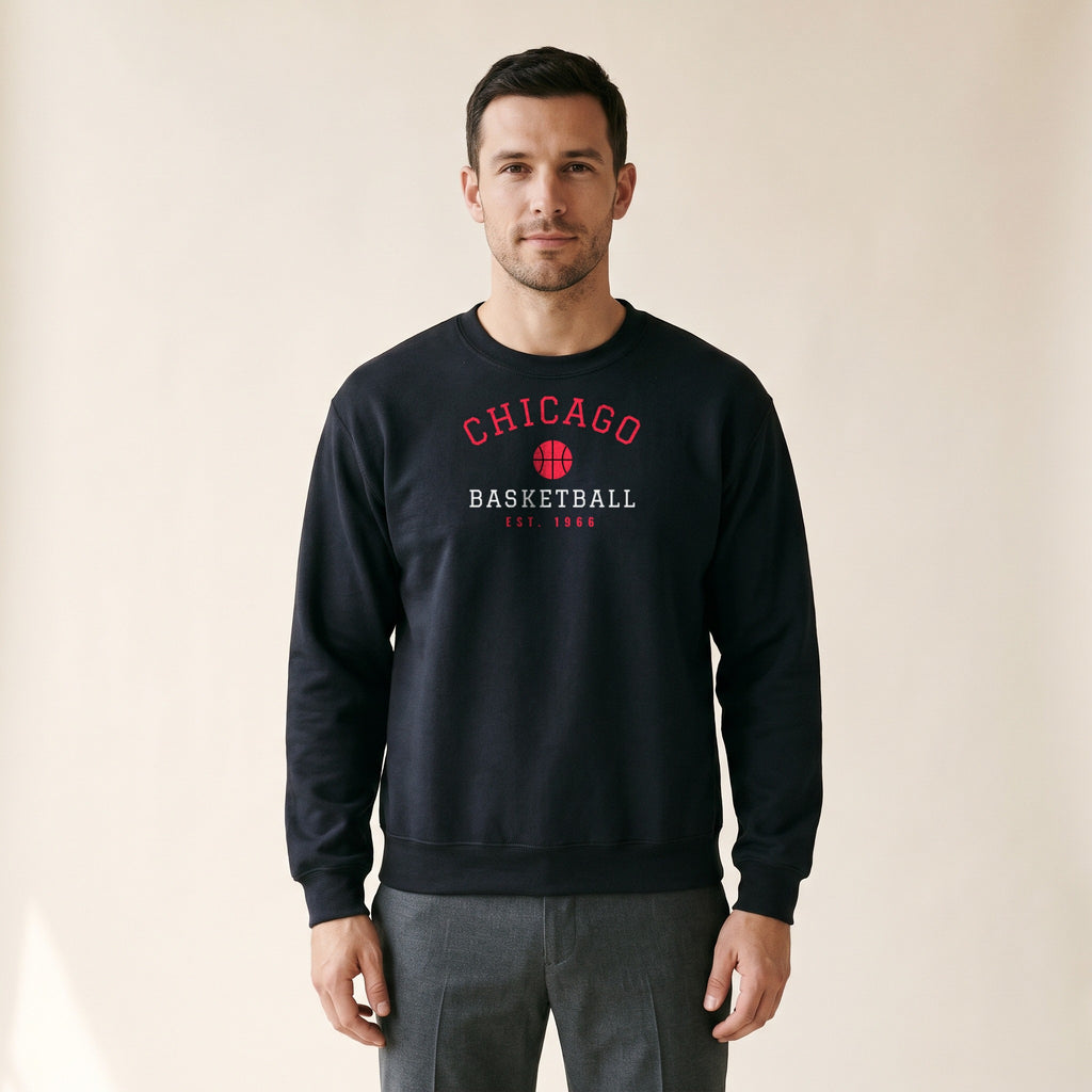 Model wearing the Chicago Basketball Crewneck — Est. 1966 in Black