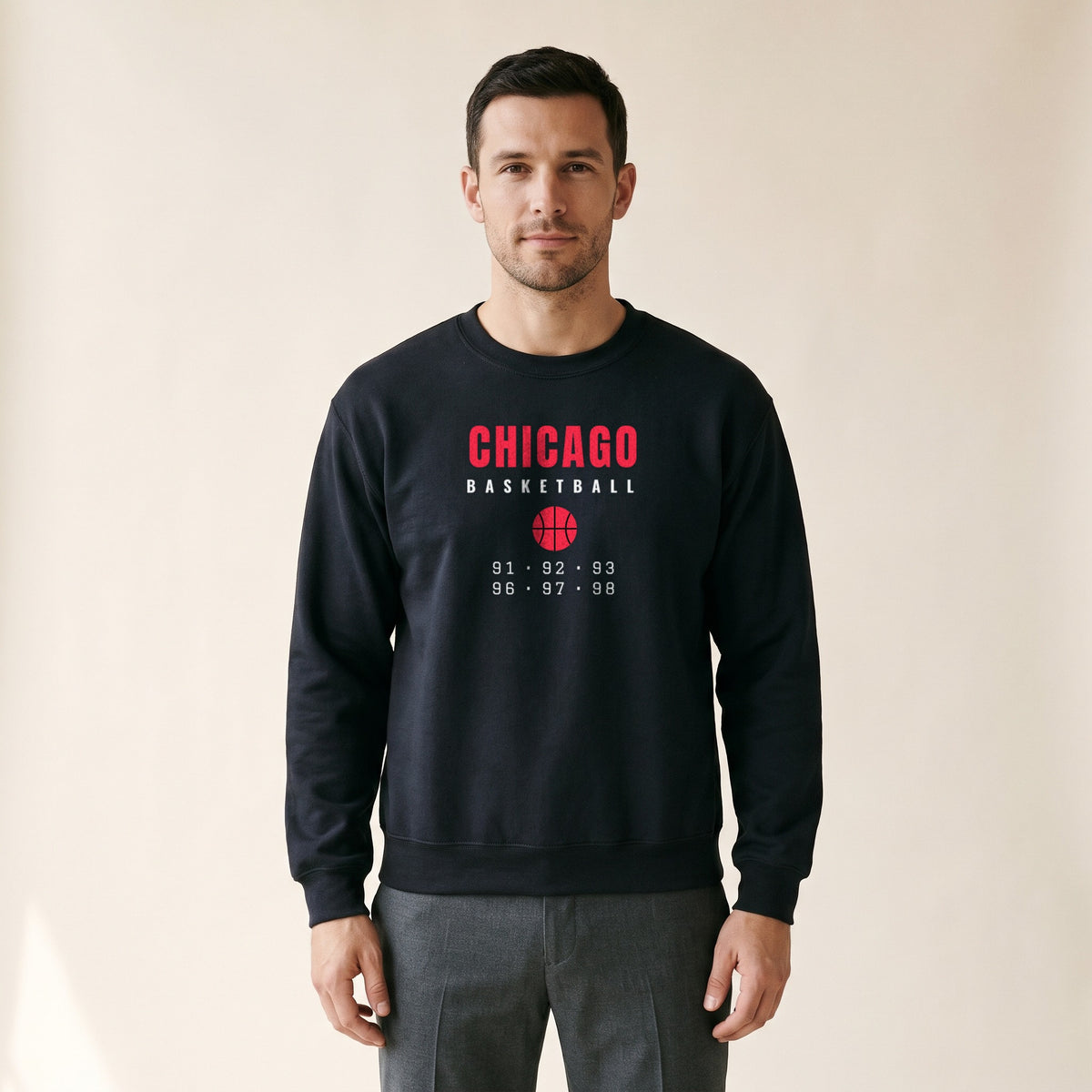 Model wearing the Chicago Basketball Crewneck — Retro 90s in Black