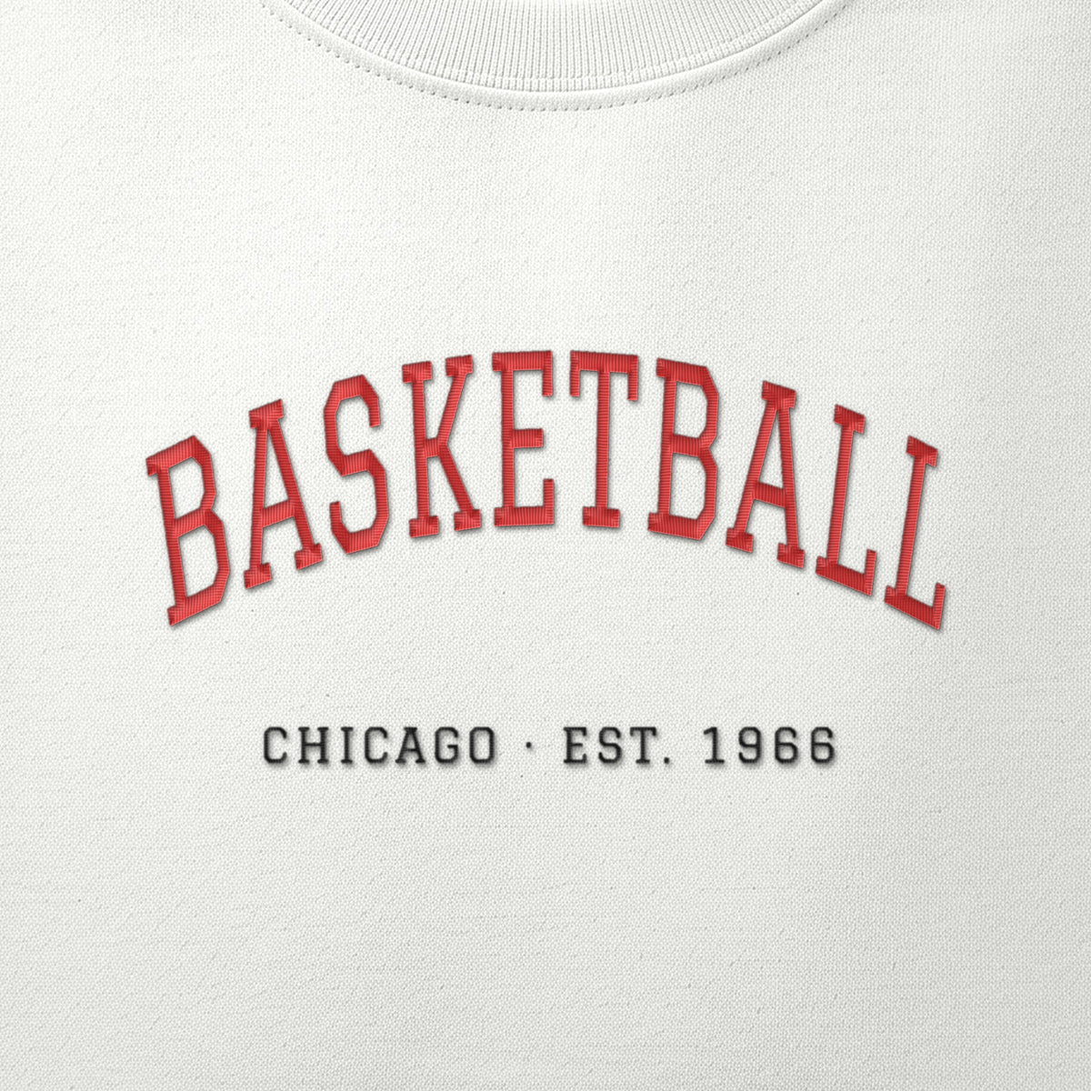 Close-up of the red & black satin-stitch Est. 1966 embroidery
