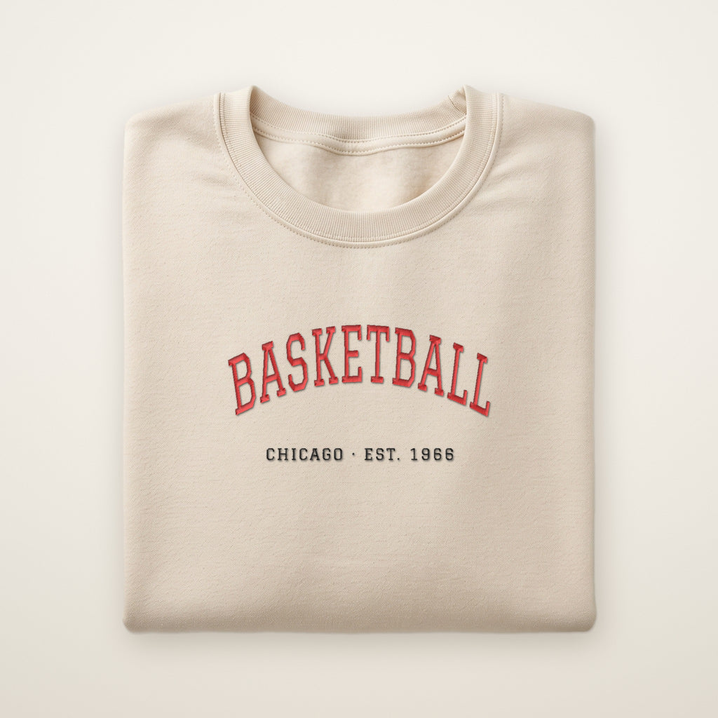 Chicago Basketball Embroidered Crewneck — Est. 1966 in Sand, flat lay