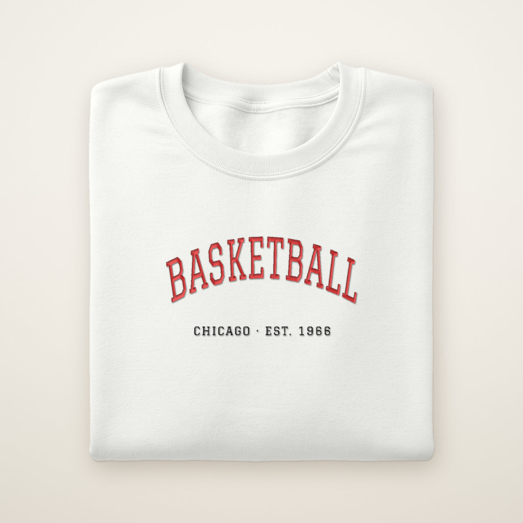 Chicago Basketball Embroidered Crewneck — Est. 1966 in White, flat lay