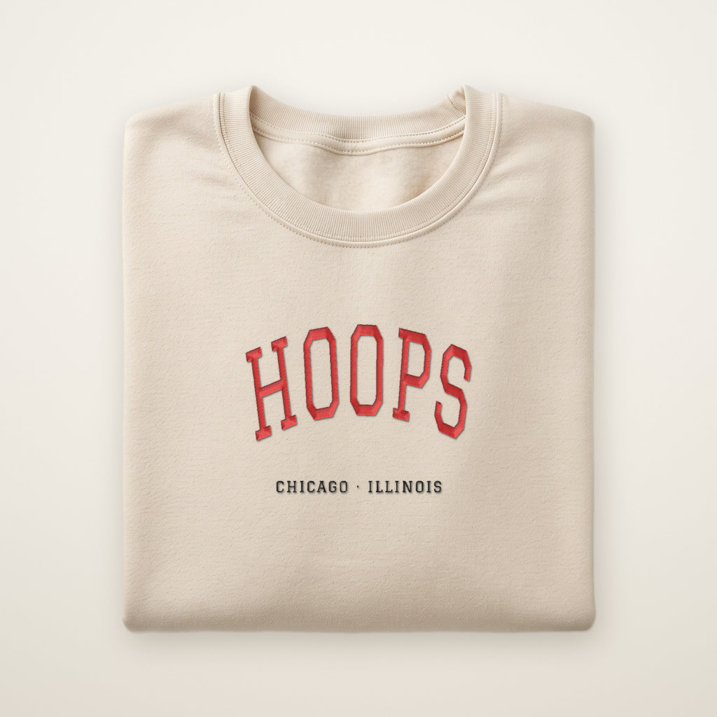 Chicago Basketball Embroidered Crewneck — Hoops in Sand, flat lay