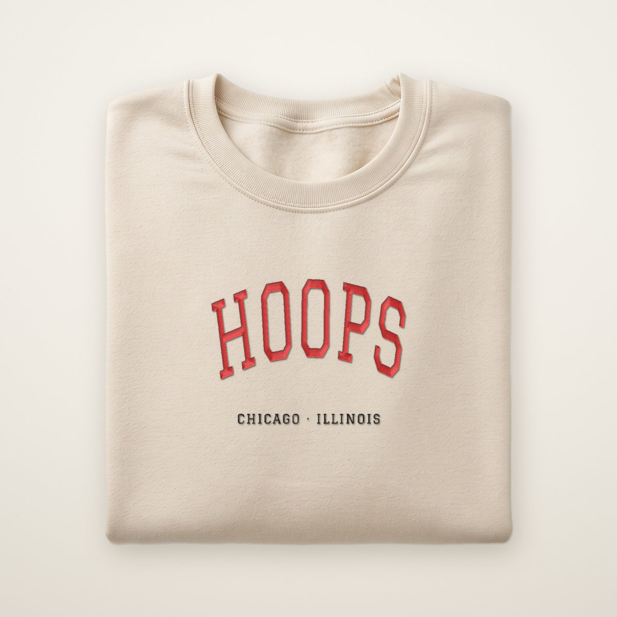 Chicago Basketball Embroidered Crewneck — Hoops in Sand, flat lay