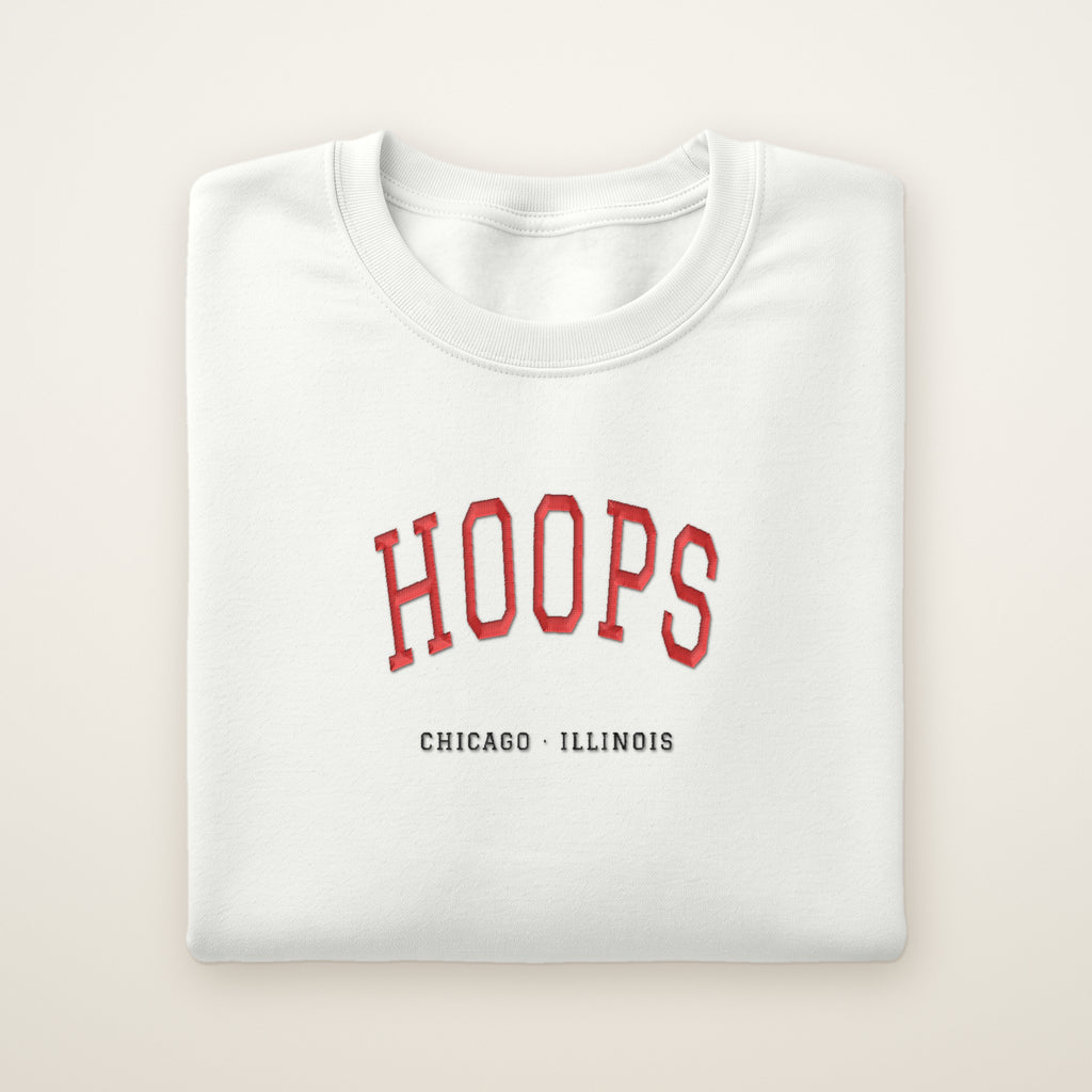 Chicago Basketball Embroidered Crewneck — Hoops in White, flat lay
