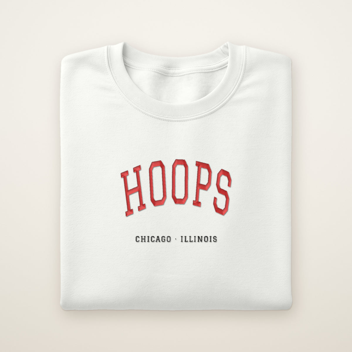 Chicago Basketball Embroidered Crewneck — Hoops in White, flat lay
