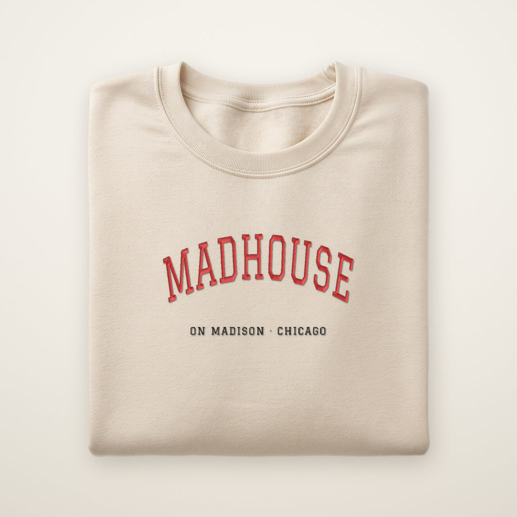 Chicago Basketball Embroidered Crewneck — Madhouse on Madison in Sand, flat lay