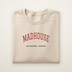 Chicago Basketball Embroidered Crewneck — Madhouse on Madison in Sand, flat lay