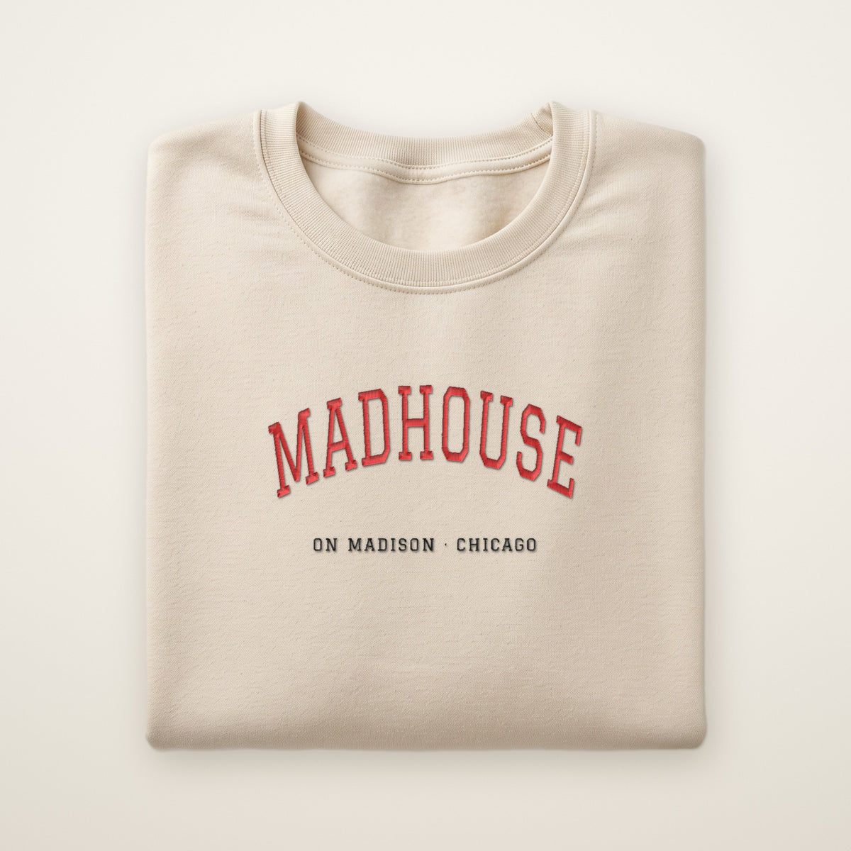 Chicago Basketball Embroidered Crewneck — Madhouse on Madison in Sand, flat lay