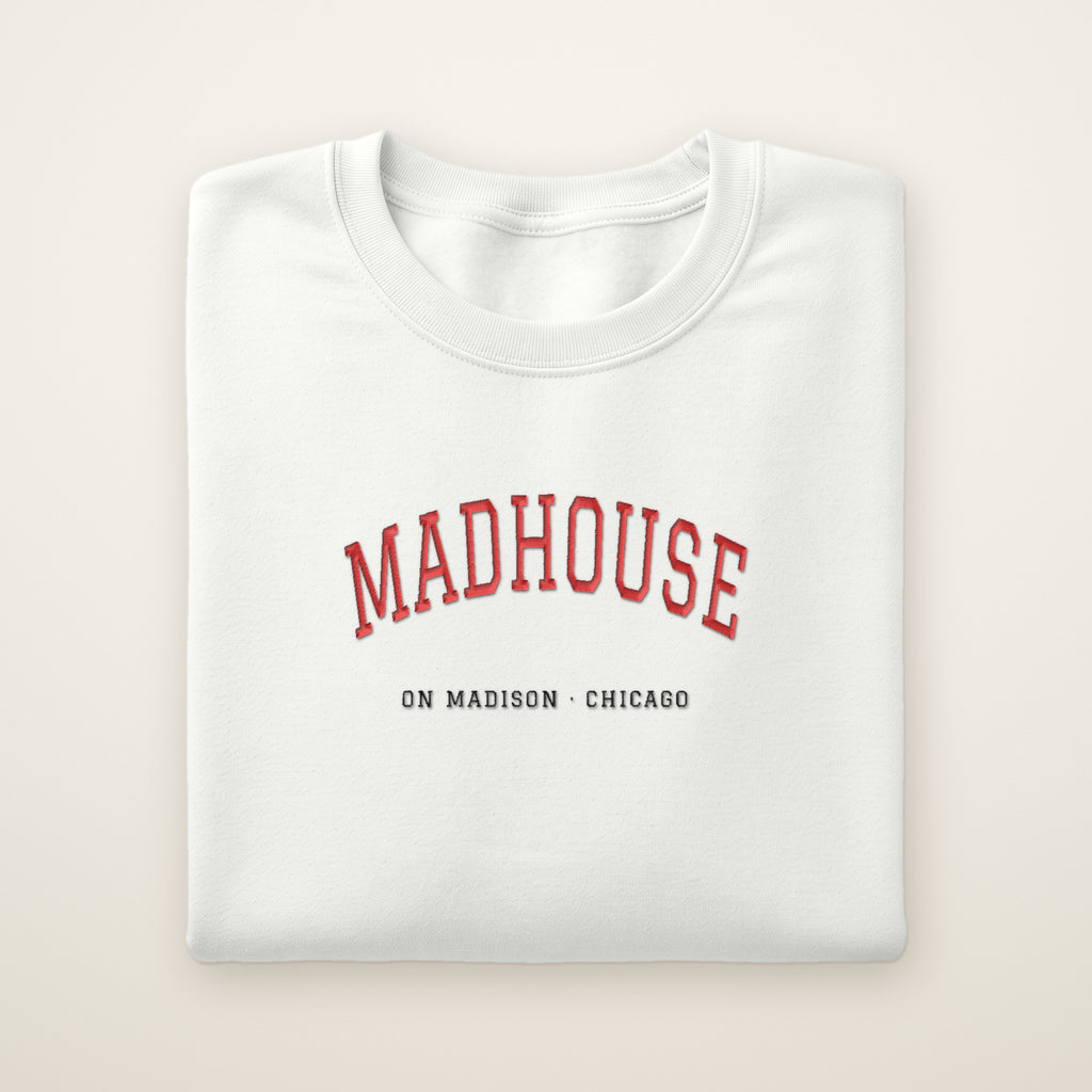 Chicago Basketball Embroidered Crewneck — Madhouse on Madison in White, flat lay