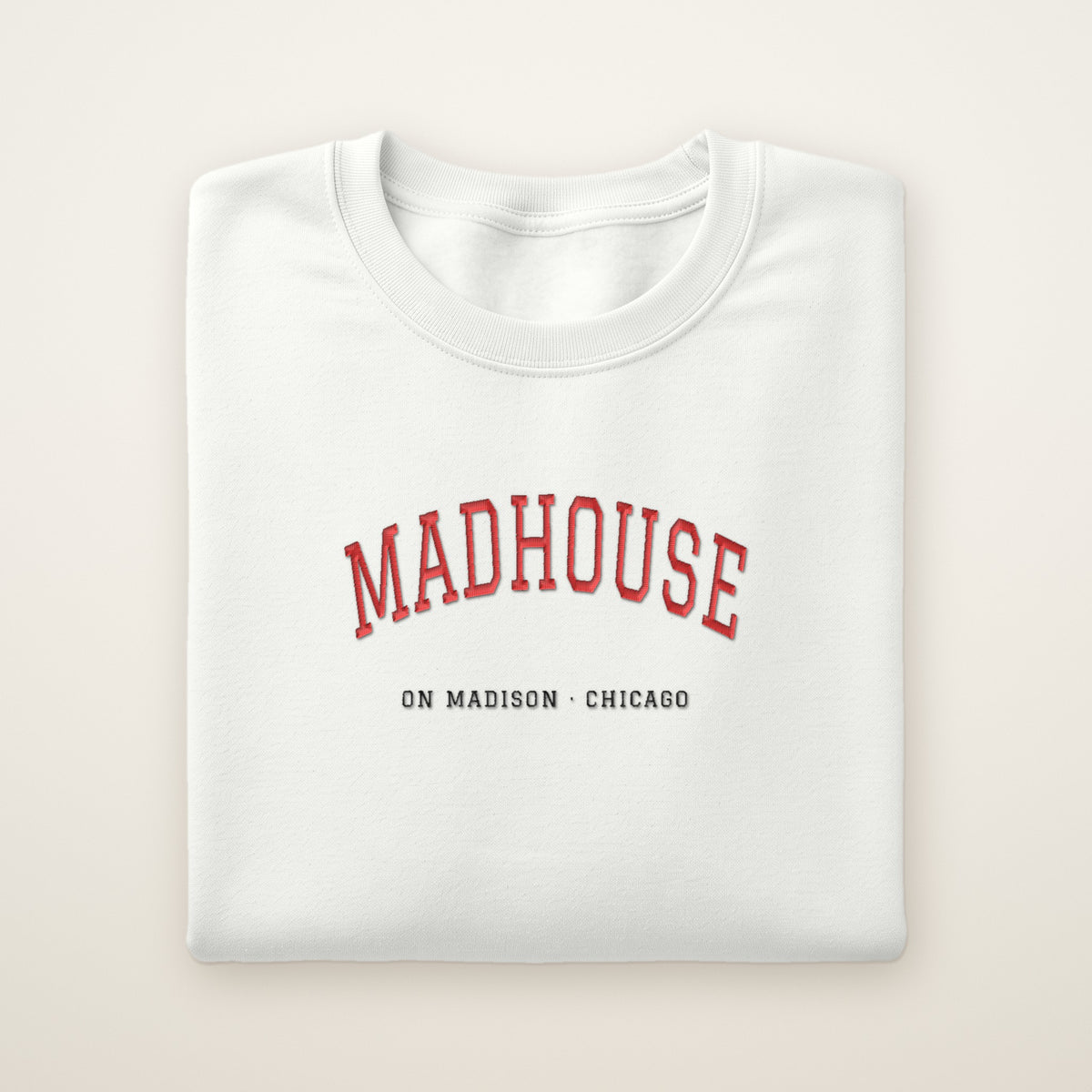 Chicago Basketball Embroidered Crewneck — Madhouse on Madison in White, flat lay
