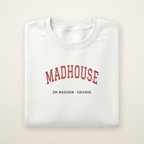 Chicago Basketball Embroidered Crewneck — Madhouse on Madison in White, flat lay