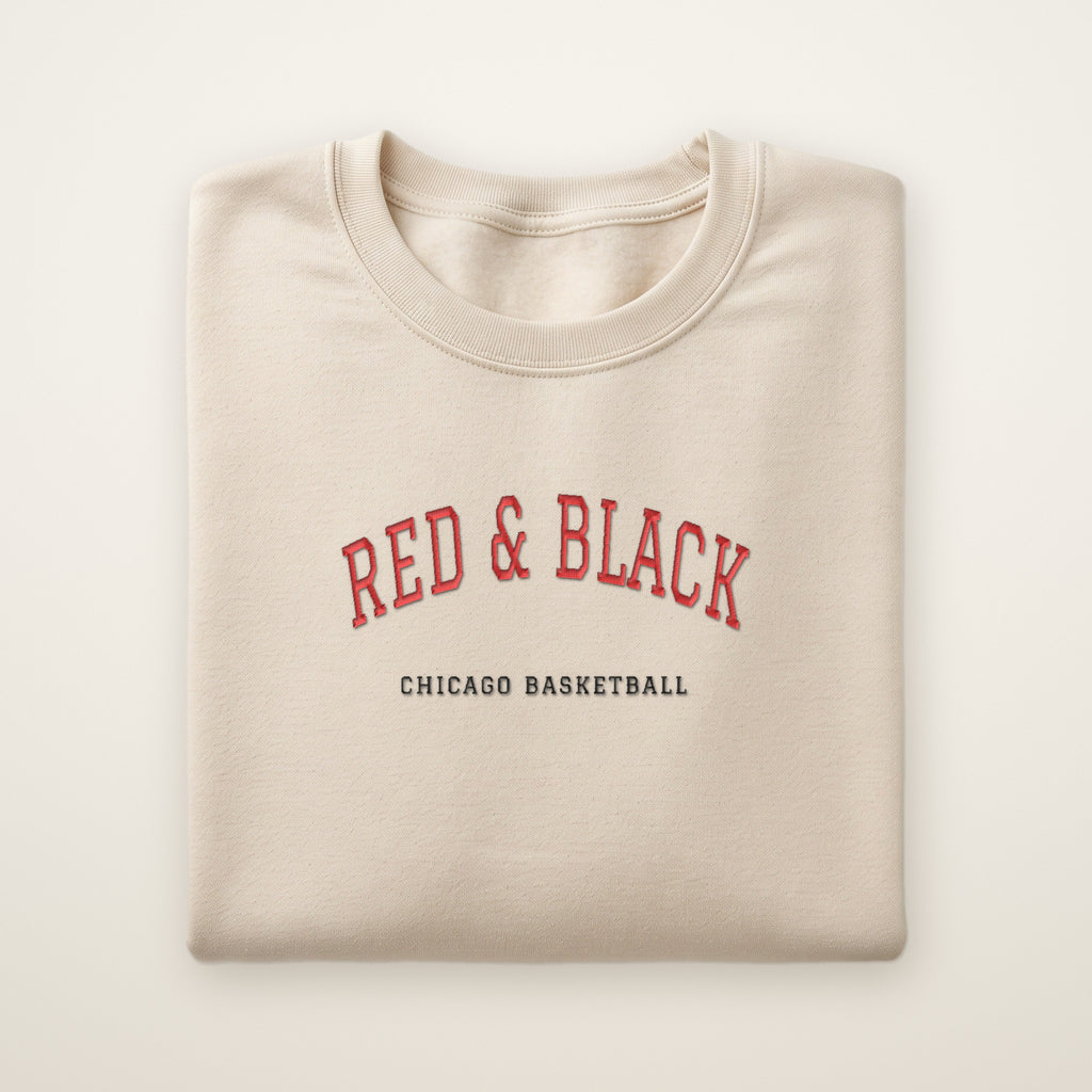 Chicago Basketball Embroidered Crewneck — Red & Black in Sand, flat lay