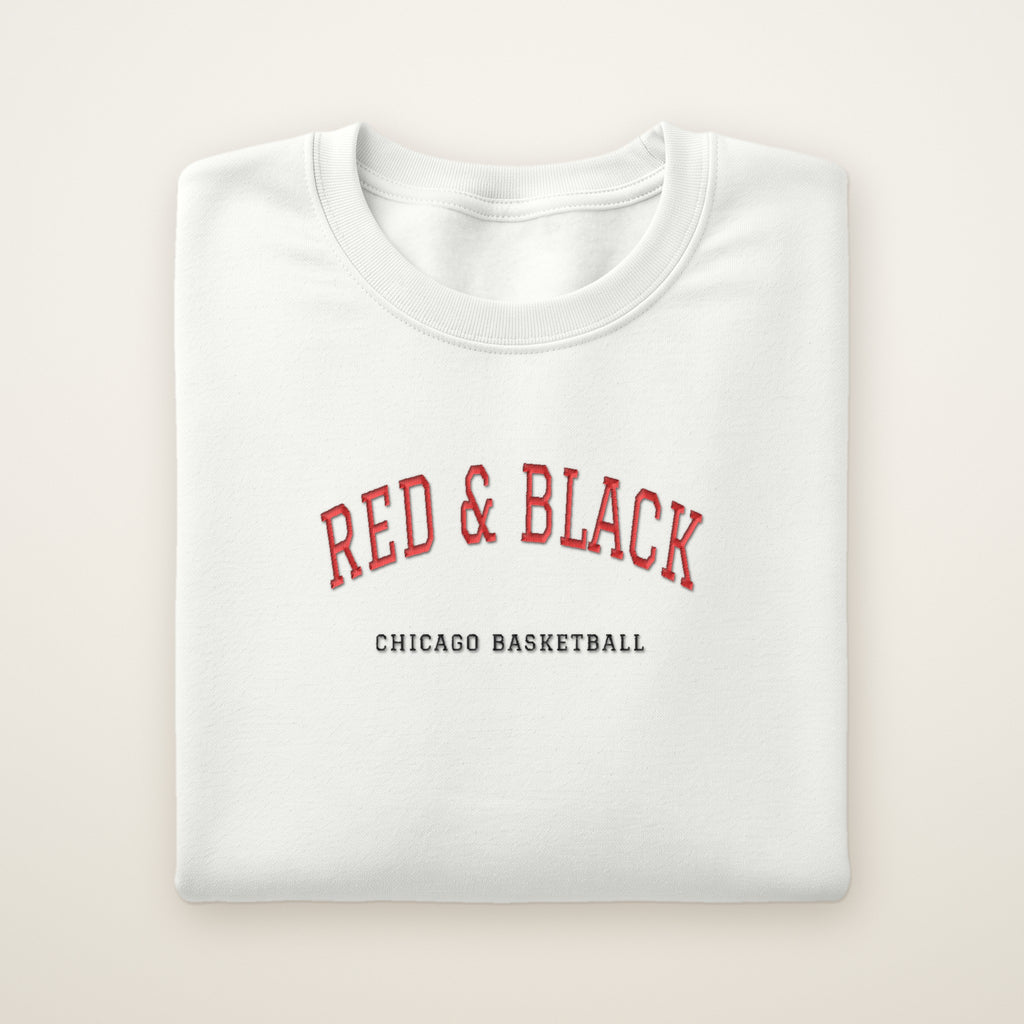 Chicago Basketball Embroidered Crewneck — Red & Black in White, flat lay