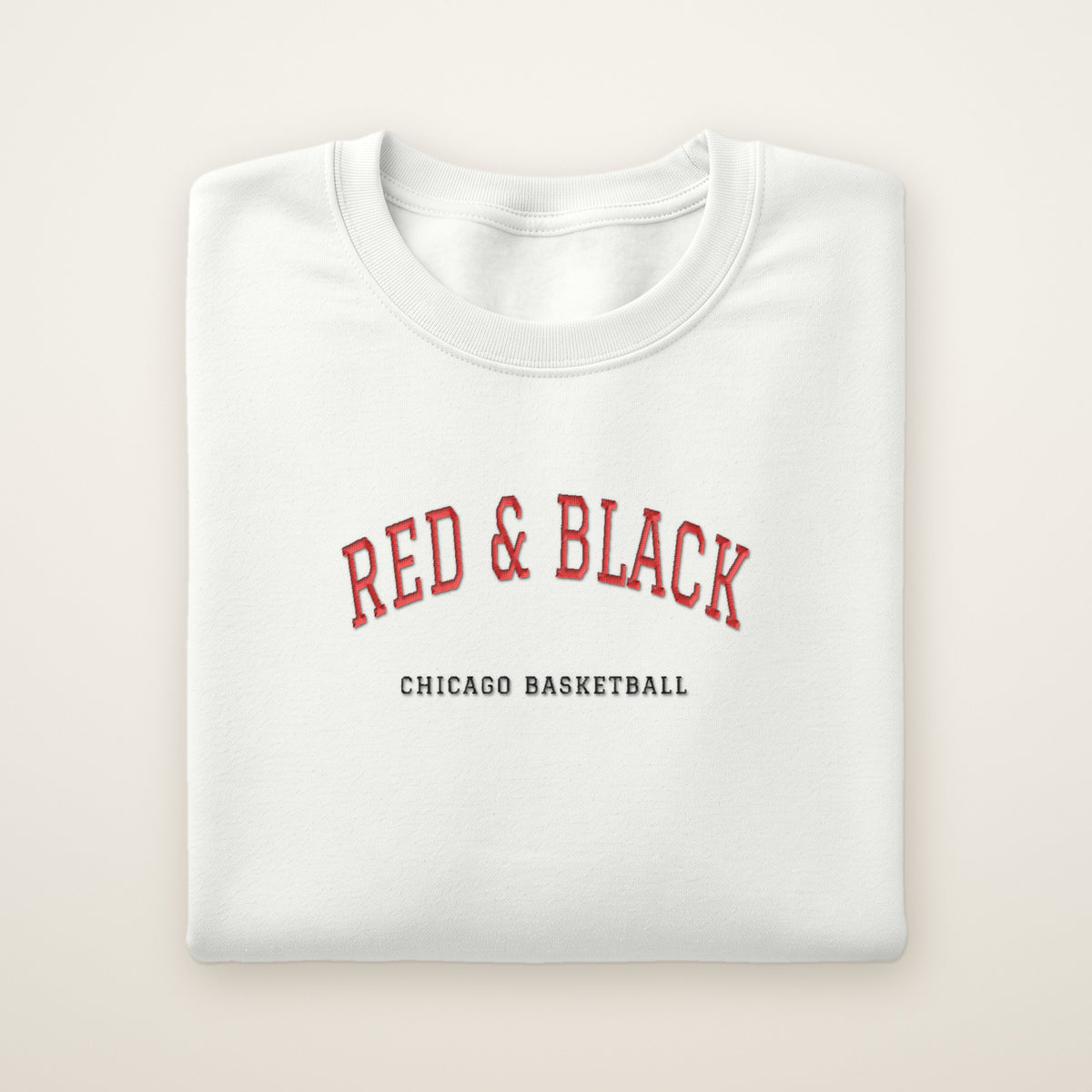 Chicago Basketball Embroidered Crewneck — Red & Black in White, flat lay