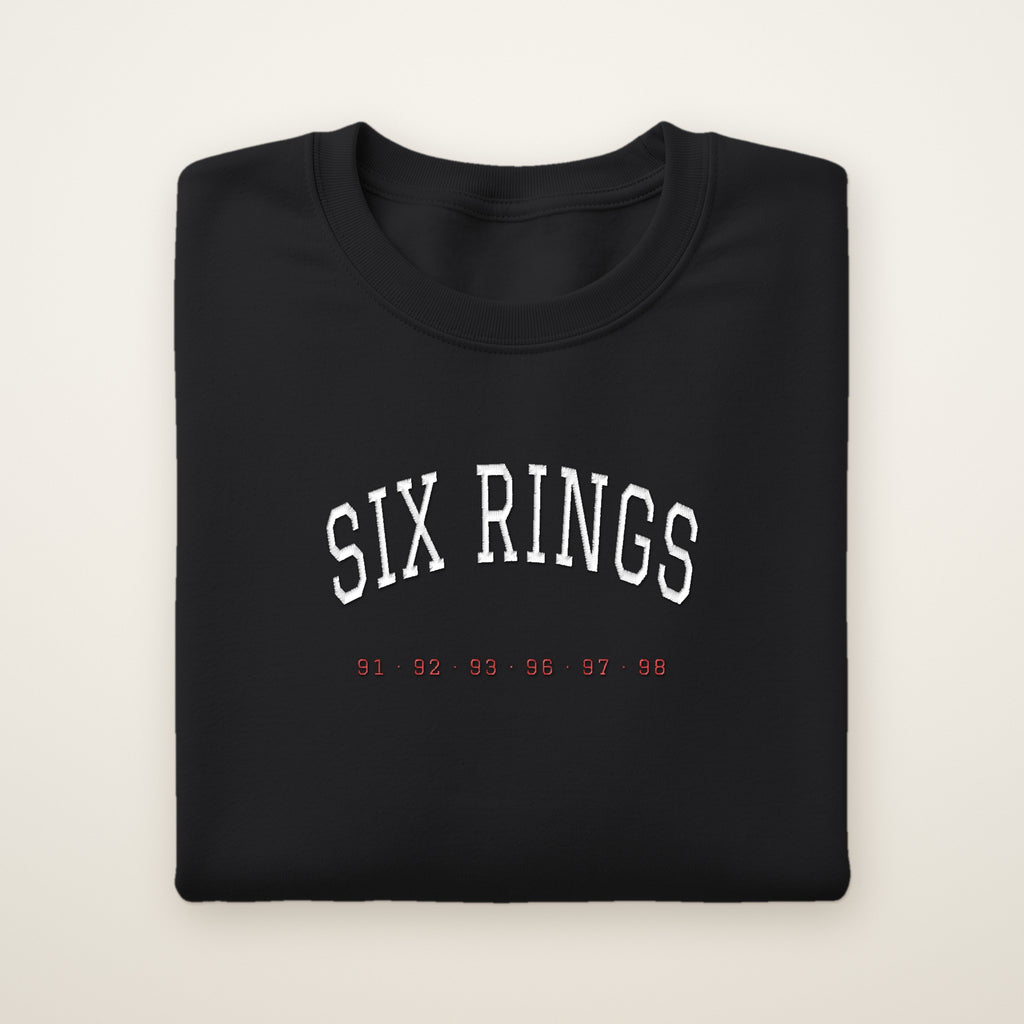 Chicago Basketball Embroidered Crewneck — Six Rings in Black, flat lay
