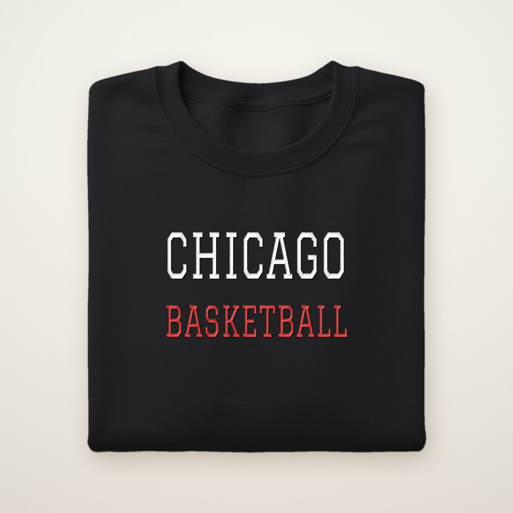 Chicago Basketball Embroidered Crewneck — Varsity in Black, flat lay