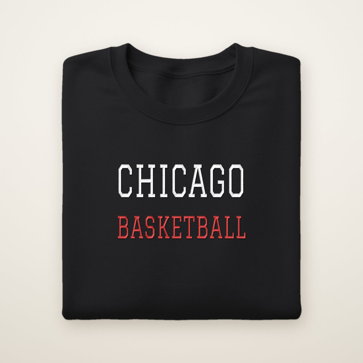 Chicago Basketball Embroidered Crewneck — Varsity in Black, flat lay