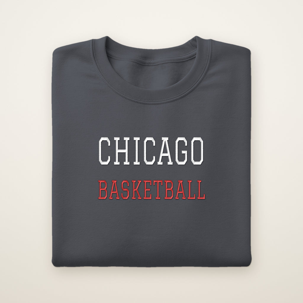 Chicago Basketball Embroidered Crewneck — Varsity in Dark Heather, flat lay