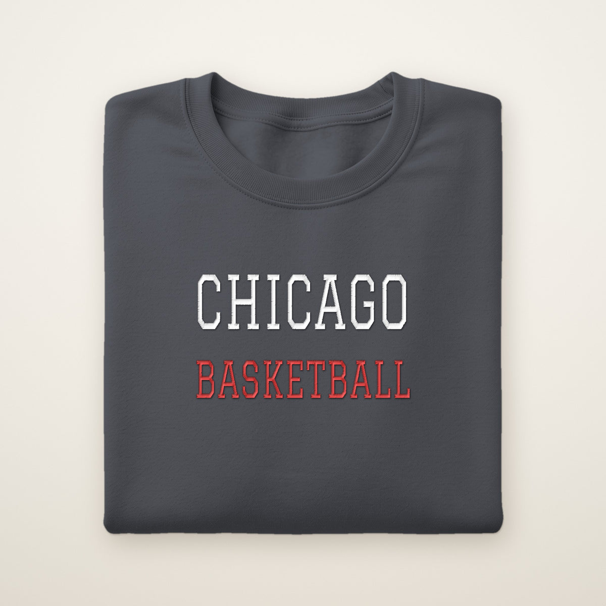 Chicago Basketball Embroidered Crewneck — Varsity in Dark Heather, flat lay