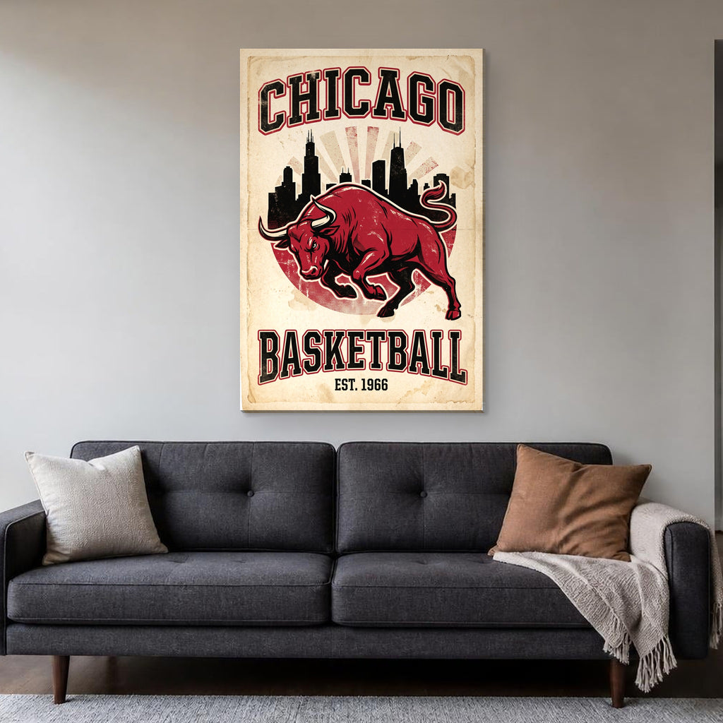 Chicago Basketball Canvas — Est. 1966 on a living room wall